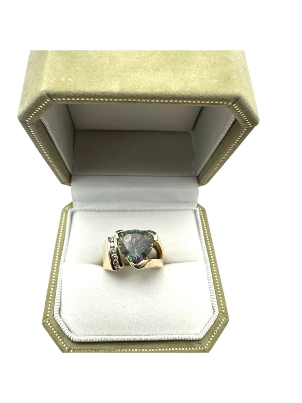 Vintage 14K Gold Diamond & Trillion Mystic Topaz Color Changing Gemstone Ring